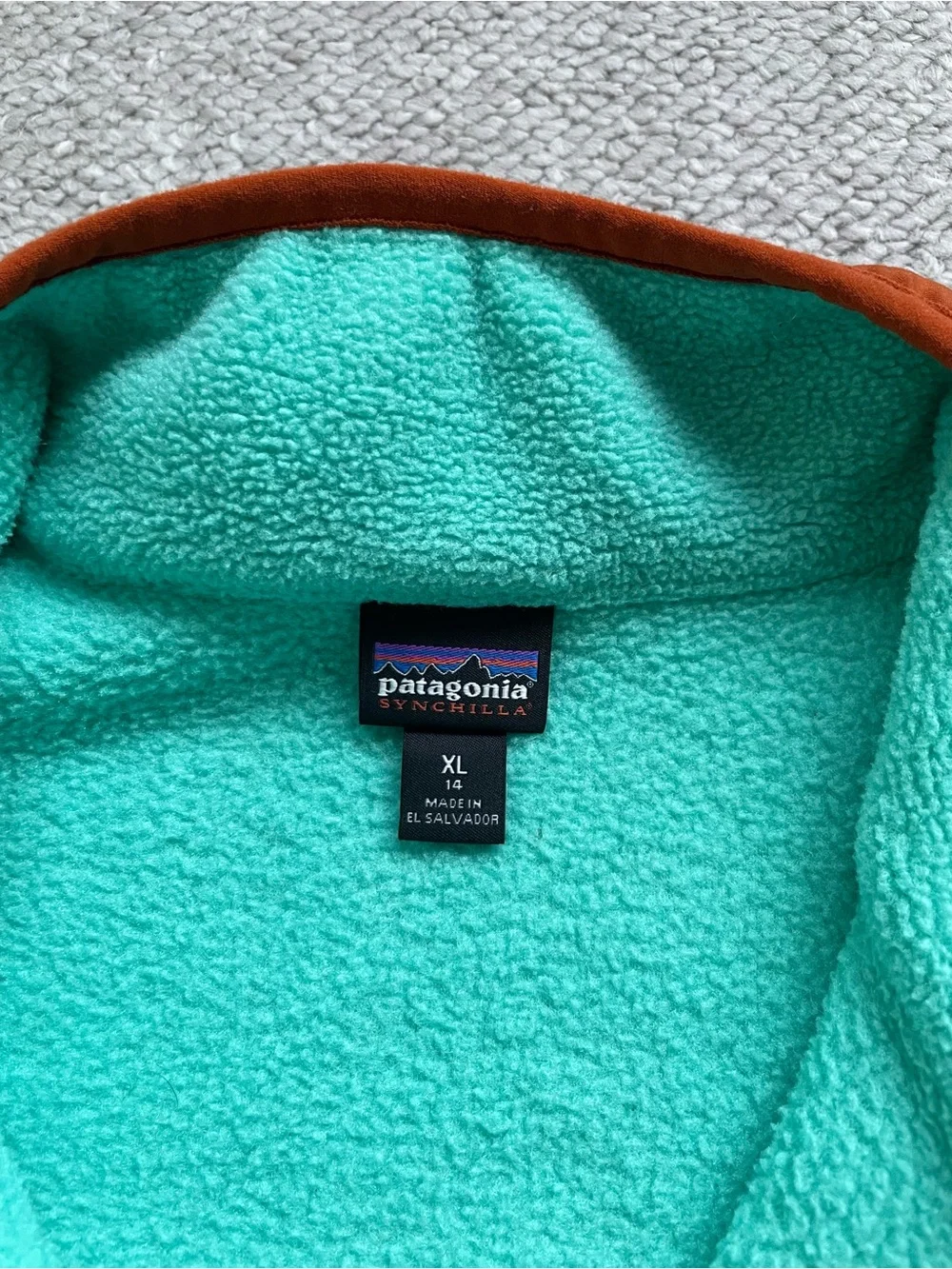 Patagonia Kids Synchilla Full Zip Jacket, Fresh Teal / Orange, Size XL (14)